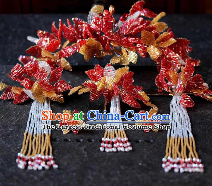 Chinese Ancient Palace Red Beads Leaf Phoenix Coronet Hairpins Traditional Wedding Hair Accessories for Women