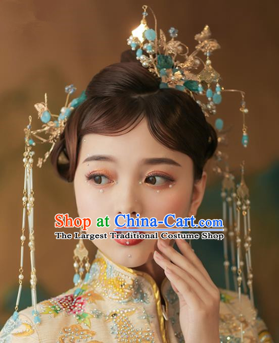 Chinese Ancient Palace Blue Flowers Phoenix Coronet Tassel Hairpins Traditional Wedding Hair Accessories for Women