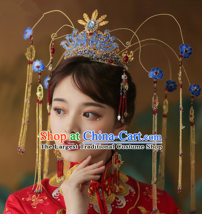 Chinese Ancient Palace Blueing Peony Phoenix Coronet Tassel Hairpins Traditional Wedding Hair Accessories for Women