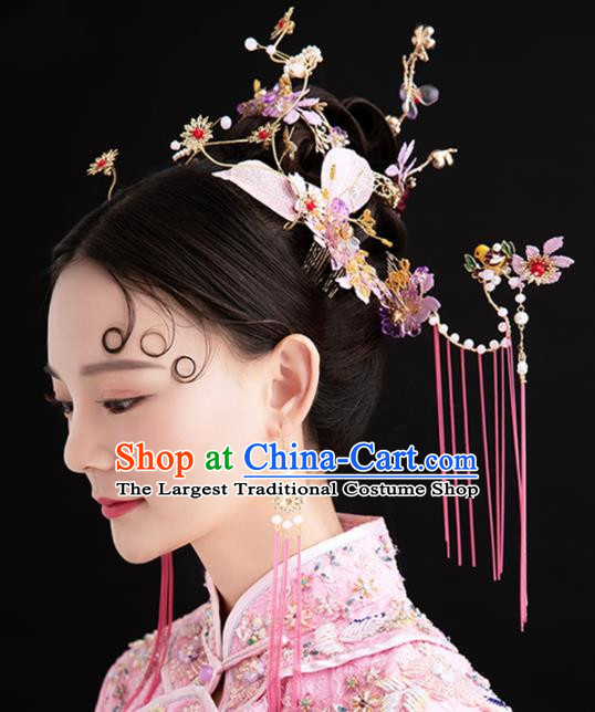 Chinese Ancient Palace Queen Purple Flowers Phoenix Coronet Hairpins Traditional Hair Accessories Headdress for Women