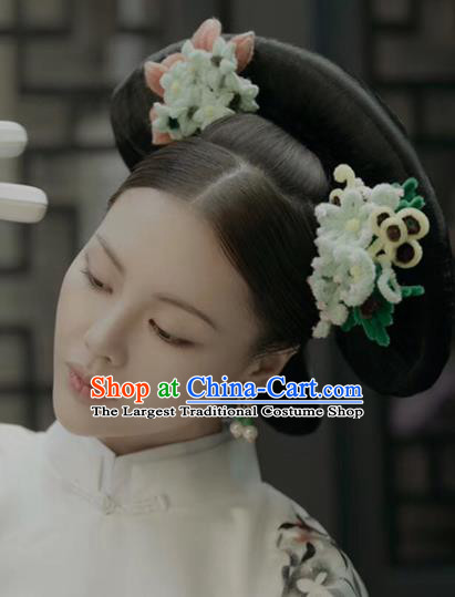 Chinese Ancient Palace Queen Green Velvet Flower Hairpins Traditional Hair Accessories Headdress for Women