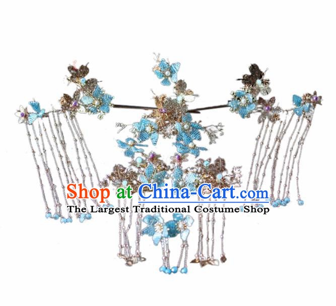 Chinese Ancient Palace Queen Blue Beads Phoenix Coronet Hairpins Traditional Hair Accessories Headdress for Women