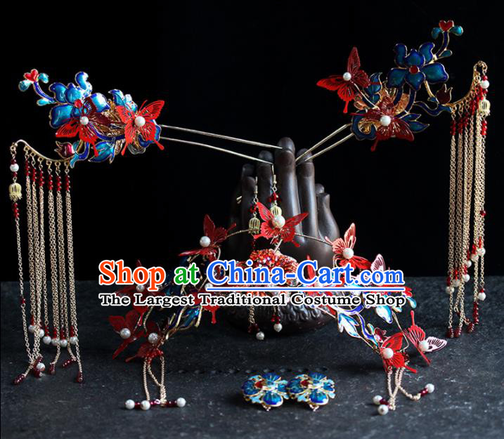 Chinese Traditional Palace Phoenix Coronet Hairpins Ancient Wedding Red Butterfly Hair Accessories for Women