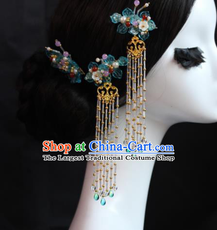 Chinese Ancient Palace Blue Flowers Hair Sticks Hairpins Traditional Hair Accessories Headdress for Women