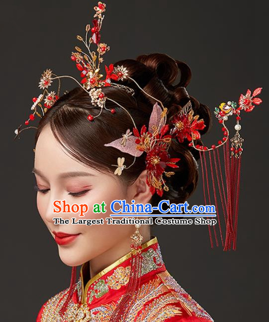 Chinese Traditional Palace Red Flowers Phoenix Coronet Hairpins Ancient Wedding Tassel Hair Accessories for Women