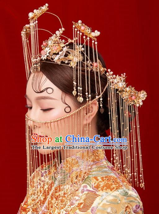 Chinese Traditional Palace Bride Hairpins Ancient Wedding Tassel Phoenix Coronet Hair Accessories for Women