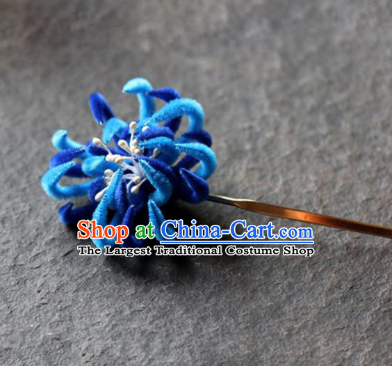 Chinese Ancient Queen Blue Velvet Chrysanthemum Hairpins Traditional Palace Hair Accessories Headdress for Women