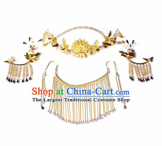 Chinese Ancient Queen Golden Peony Hair Clasp Hairpins Traditional Palace Hair Accessories Headdress for Women