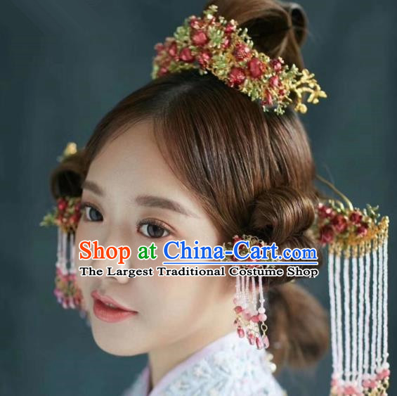Chinese Ancient Bride Pomegranate Phoenix Coronet Hairpins Traditional Hair Accessories Headdress for Women