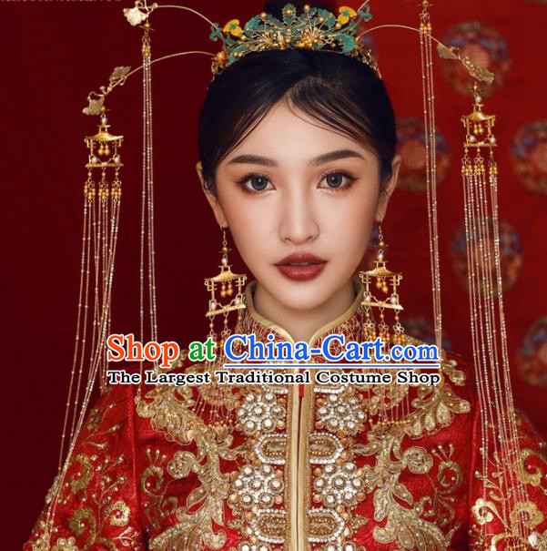 Chinese Ancient Bride Hairpins Blueing Phoenix Coronet Traditional Hair Accessories Headdress for Women