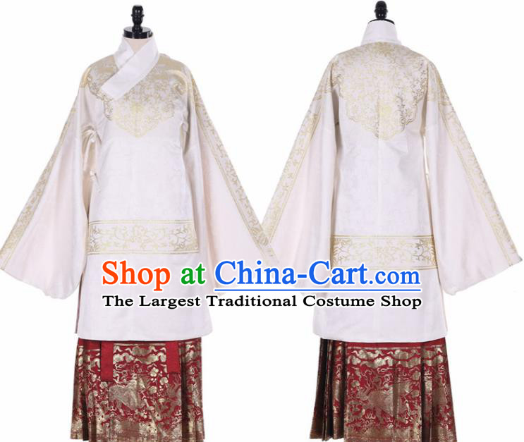 Chinese Traditional Ming Dynasty Palace Historical Costume Ancient Princess White Blouse and Red Horse Face Skirt Complete Set