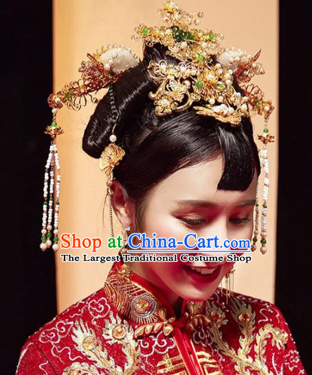 Top Grade Chinese Ancient Bride Hairpins Jade Phoenix Coronet Traditional Hair Accessories Headdress for Women