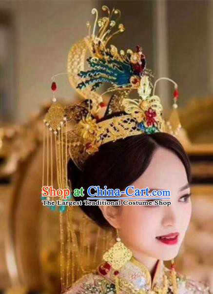Top Grade Chinese Ancient Bride Wedding Blueing Phoenix Coronet Hairpins Traditional Hair Accessories Headdress for Women