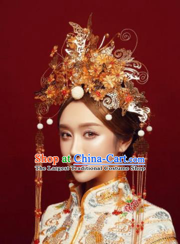 Top Grade Chinese Ancient Bride Wedding Golden Butterfly Phoenix Coronet Traditional Hair Accessories Headdress for Women