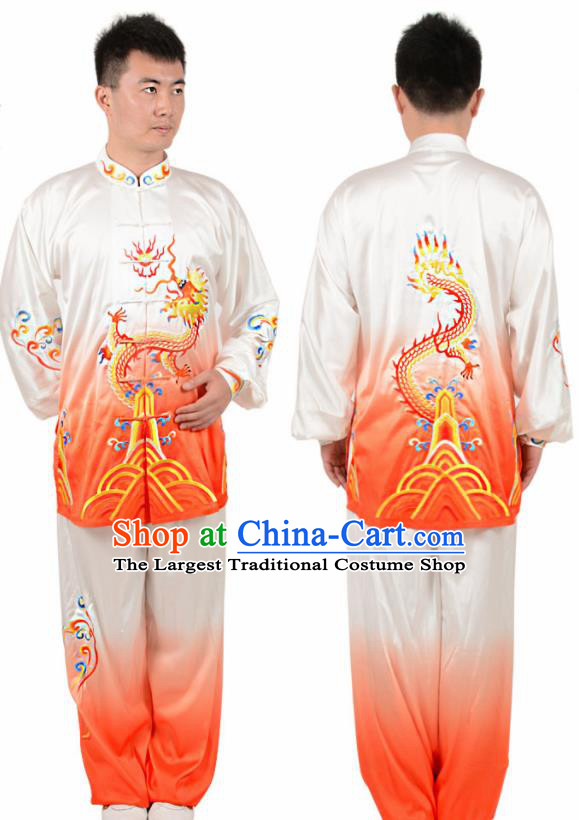 Chinese Traditional Tang Suit Embroidered Dragon Orange Costume Martial Arts Tai Ji Competition Clothing for Men