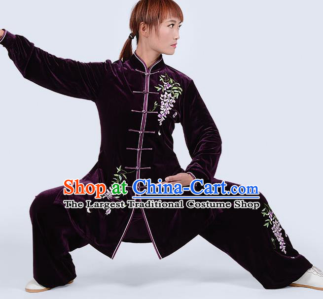 Chinese Traditional Kung Fu Embroidered Purple Pleuche Costume Martial Arts Tai Ji Competition Clothing for Women