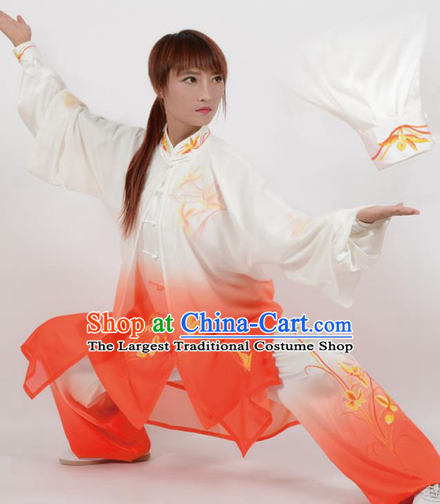 Chinese Traditional Kung Fu Printing Orchid Red Costume Martial Arts Tai Ji Competition Clothing for Women