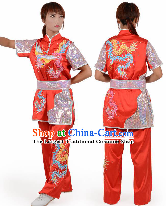 Chinese Traditional Kung Fu Embroidered Phoenix Red Costume Martial Arts Competition Clothing for Women
