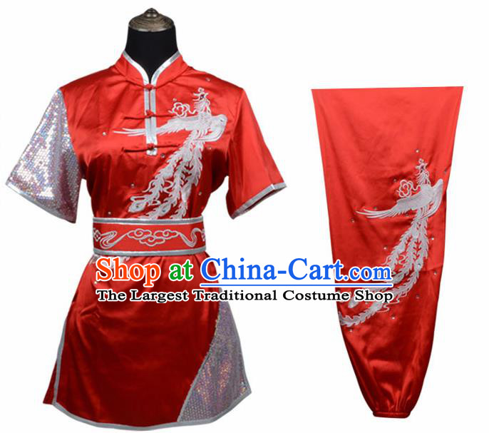 Chinese Traditional Kung Fu Printing Phoenix Wine Red Costume Martial Arts Competition Clothing for Women