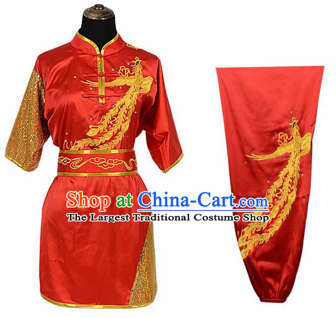 Chinese Traditional Kung Fu Printing Phoenix Red Costume Martial Arts Competition Clothing for Women