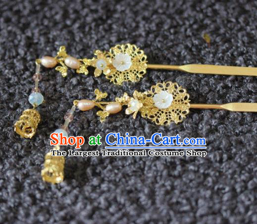 Handmade Chinese Ancient Pearls Golden Hairpins Traditional Hair Accessories Headdress for Women