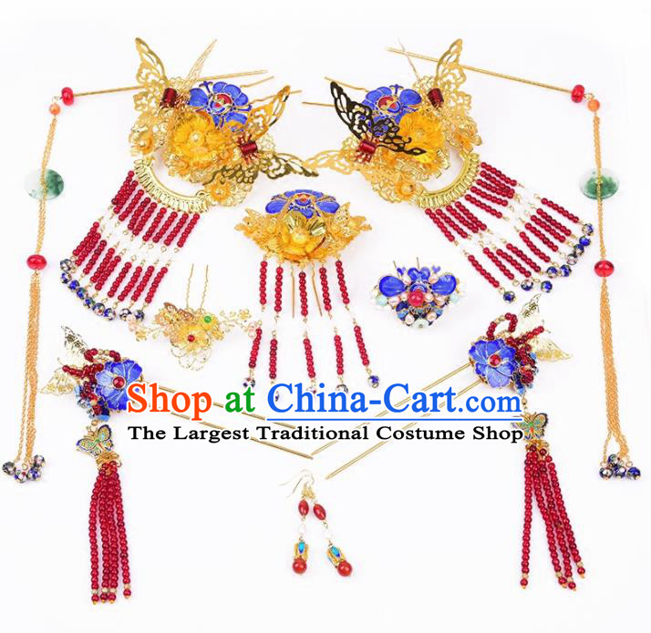 Handmade Chinese Ancient Princess Hairpins Blueing Phoenix Coronet Traditional Hair Accessories Headdress for Women