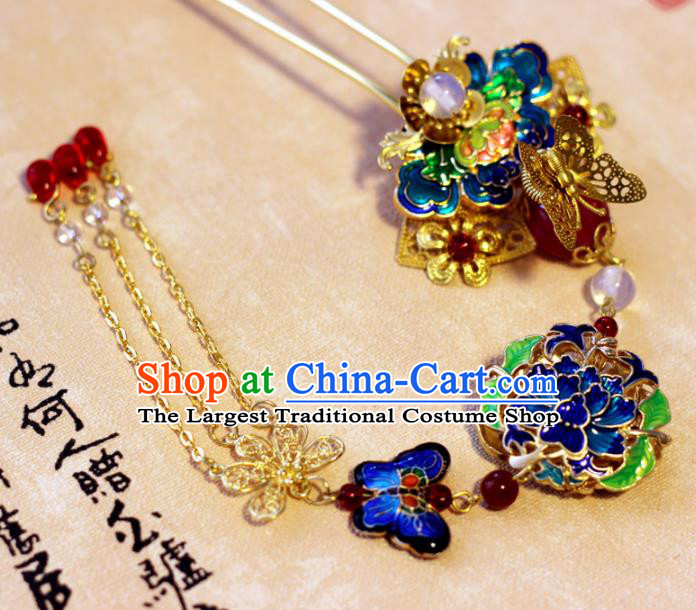 Handmade Chinese Ancient Palace Blueing Lotus Tassel Hairpins Traditional Hair Accessories Headdress for Women