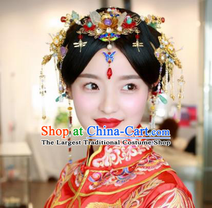 Handmade Chinese Ancient Bride Blueing Hair Crown Tassel Hairpins Traditional Hair Accessories Headdress for Women