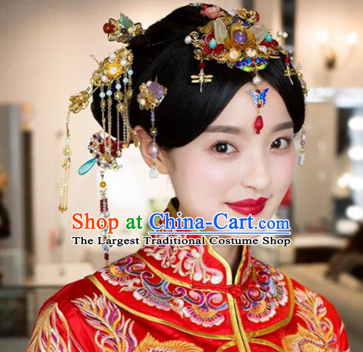 Handmade Chinese Ancient Bride Blueing Hair Crown Tassel Hairpins Traditional Hair Accessories Headdress for Women