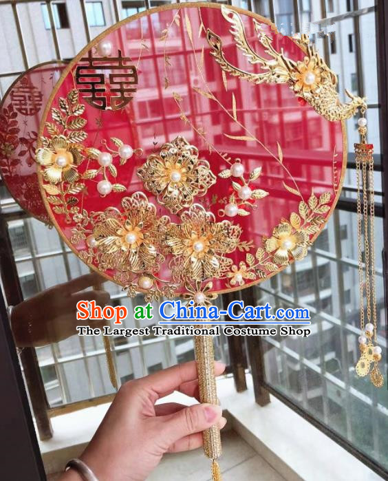 Chinese Handmade Bride Palace Fans Wedding Accessories Classical Red Silk Round Fan for Women