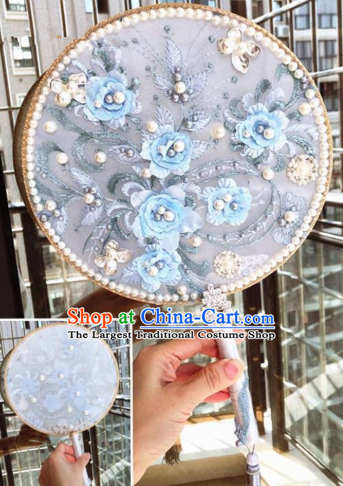 Chinese Handmade Bride Blue Flowers Palace Fans Wedding Accessories Classical Round Fan for Women