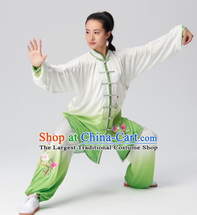 Chinese Traditional Kung Fu Tai Chi Group Embroidered Green Silk Costume Martial Arts Competition Clothing for Women