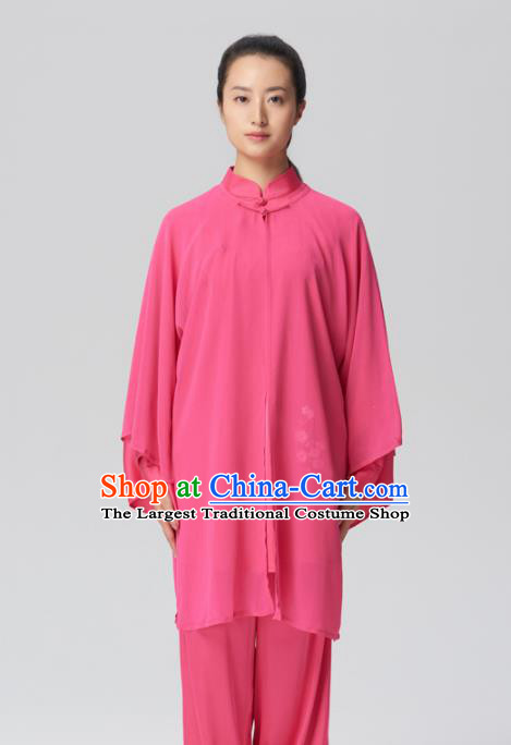 Chinese Traditional Kung Fu Tai Chi Group Embroidered Rosy Silk Costume Martial Arts Competition Clothing for Women
