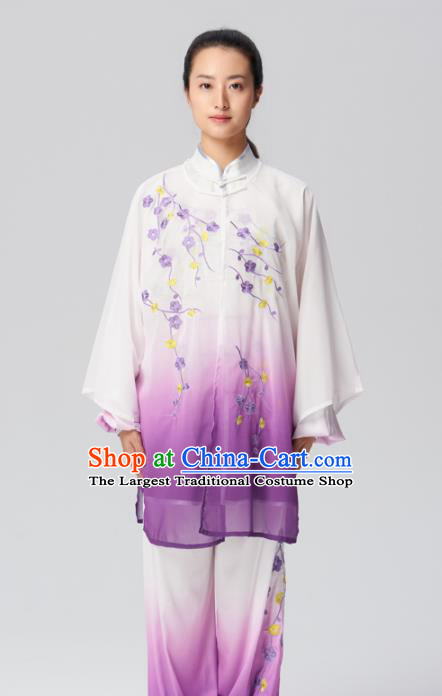 Chinese Traditional Tai Chi Group Embroidered Plum Blossom Purple Costume Martial Arts Kung Fu Competition Clothing for Women