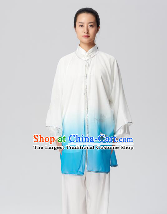 Chinese Traditional Tai Chi Group Embroidered Blue Silk Costume Martial Arts Kung Fu Competition Clothing for Women
