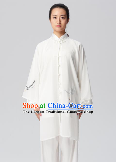 Chinese Traditional Tai Chi Group Embroidered White Silk Costume Martial Arts Kung Fu Competition Clothing for Women