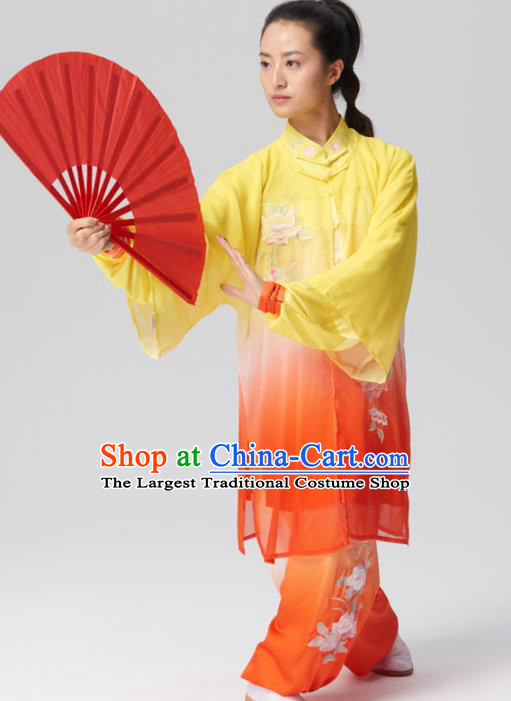 Chinese Traditional Tai Chi Group Embroidered Orange Silk Costume Martial Arts Kung Fu Competition Clothing for Women