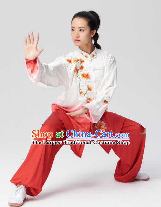 Chinese Traditional Tai Chi Group Embroidered Mangnolia Red Costume Martial Arts Kung Fu Competition Clothing for Women