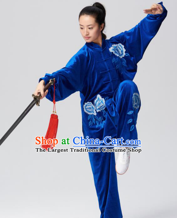 Chinese Traditional Tai Chi Group Royalblue Velvet Costume Martial Arts Kung Fu Competition Clothing for Women