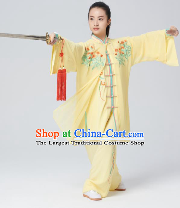 Chinese Traditional Tai Chi Group Yellow Costume Martial Arts Kung Fu Competition Embroidered Clothing for Women