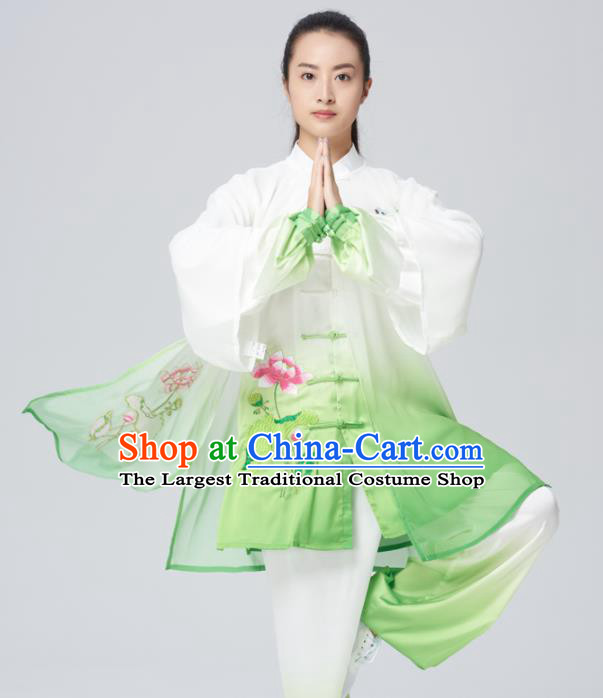 Chinese Traditional Tai Chi Group Embroidered Lotus Costume Martial Arts Kung Fu Competition Green Silk Clothing for Women