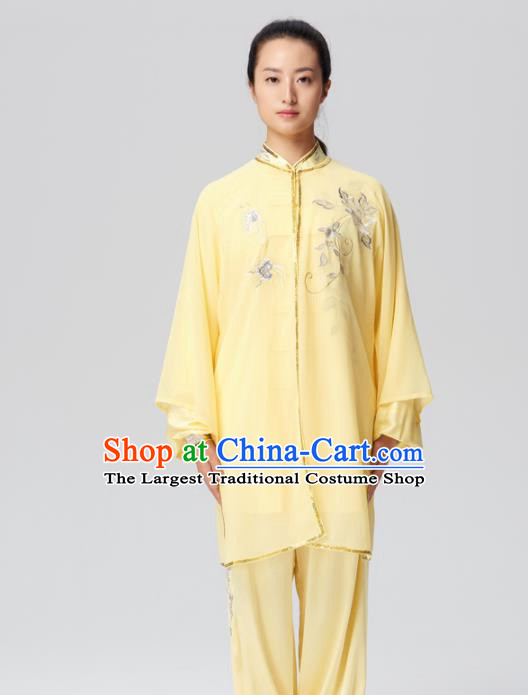 Chinese Traditional Tai Chi Group Embroidered Yellow Costume Martial Arts Kung Fu Competition Silk Clothing for Women