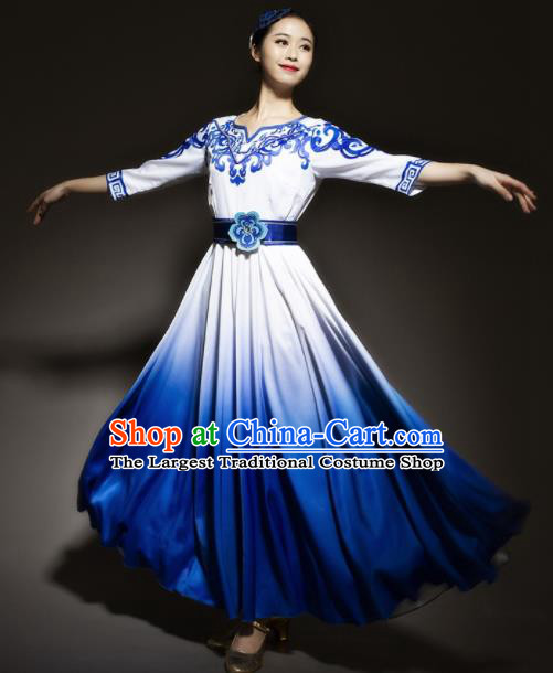 Chinese Traditional Chorus Blue Dress Modern Dance Stage Performance Costume for Women