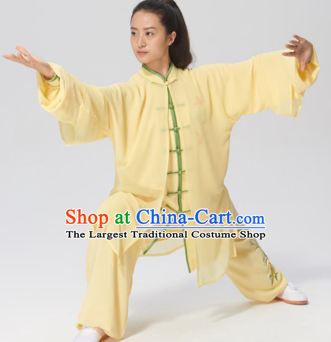 Chinese Traditional Tai Chi Group Embroidered Yellow Silk Costume Martial Arts Kung Fu Competition Clothing for Women