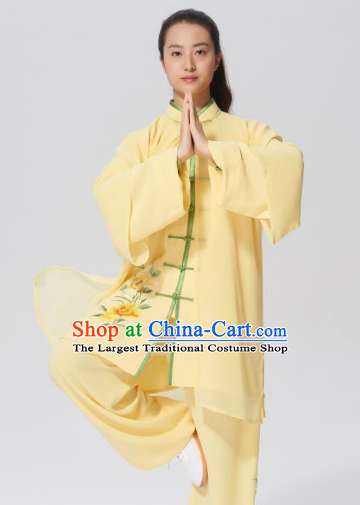 Chinese Traditional Tai Chi Group Embroidered Yellow Silk Costume Martial Arts Kung Fu Competition Clothing for Women