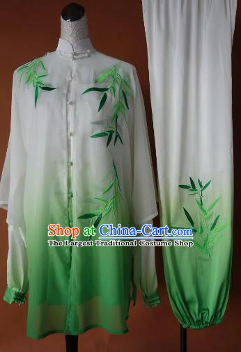 Chinese Traditional Tai Chi Group Embroidered Bamboo Green Costume Martial Arts Kung Fu Competition Clothing for Women