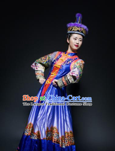 Chinese Traditional Mongol Nationality Dance Costume Mongolian Ethnic Dance Embroidery Blue Dress for Women