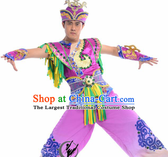 Chinese Traditional Mongol Nationality Costume Mongolian Ethnic Dance Embroidery Purple Clothing for Men