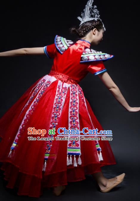 Chinese Traditional Miao Nationality Wedding Costume Ethnic Folk Dance Red Dress for Women