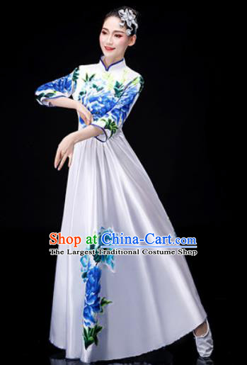 Chinese Traditional Classical Dance Costume Umbrella Dance Printing Peony White Dress for Women